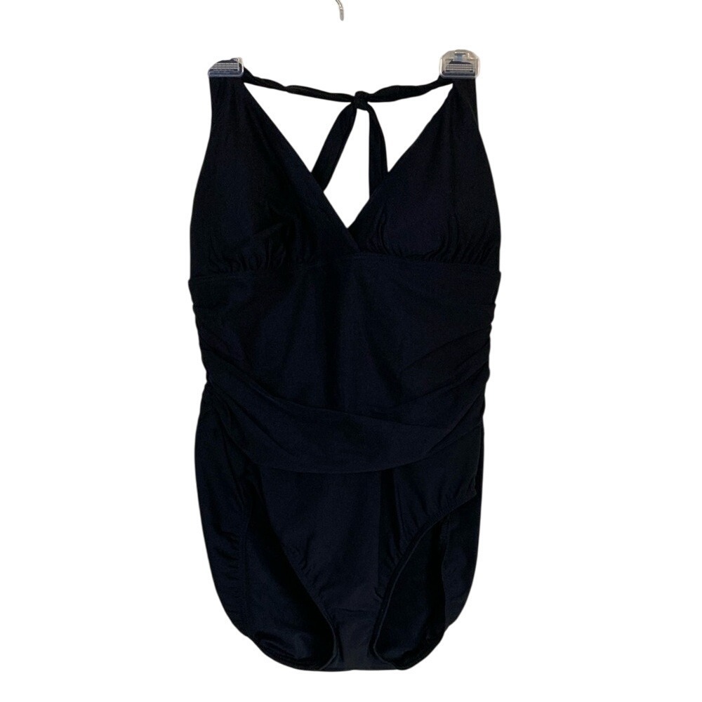 Lands End Womens Black One Piece Swimsuit Size 16 Side Ruching Halter Supportive